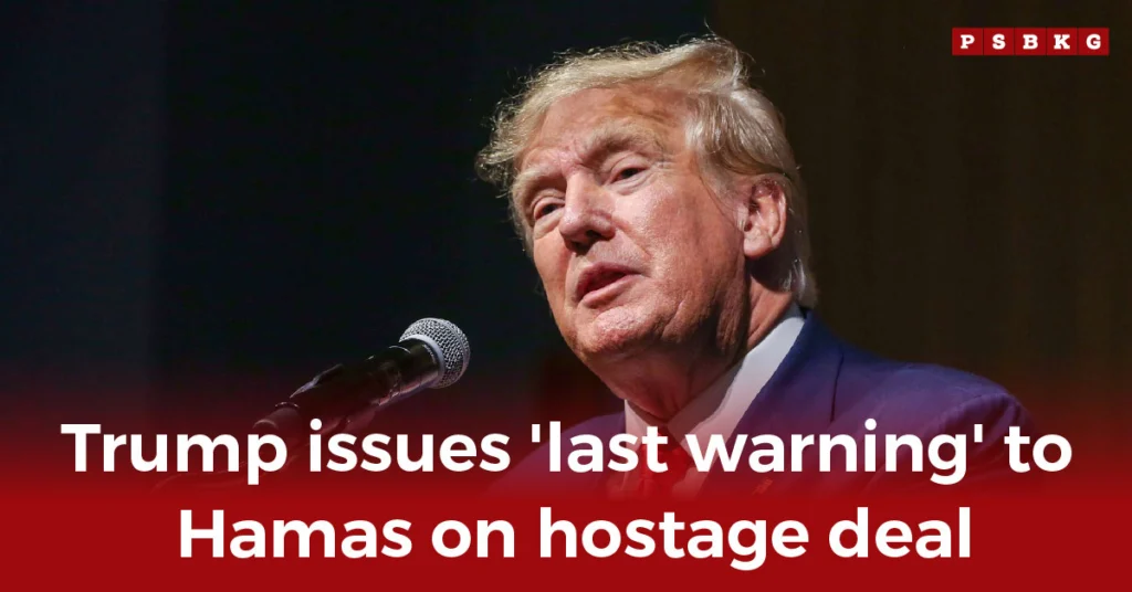 A speaker stands at a microphone, delivering a serious message on Hamas and a hostage deal, as the scene captures the intensity of the moment Trump Warns Hamas.