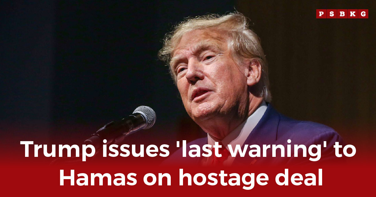A speaker stands at a microphone, delivering a serious message on Hamas and a hostage deal, as the scene captures the intensity of the moment Trump Warns Hamas.