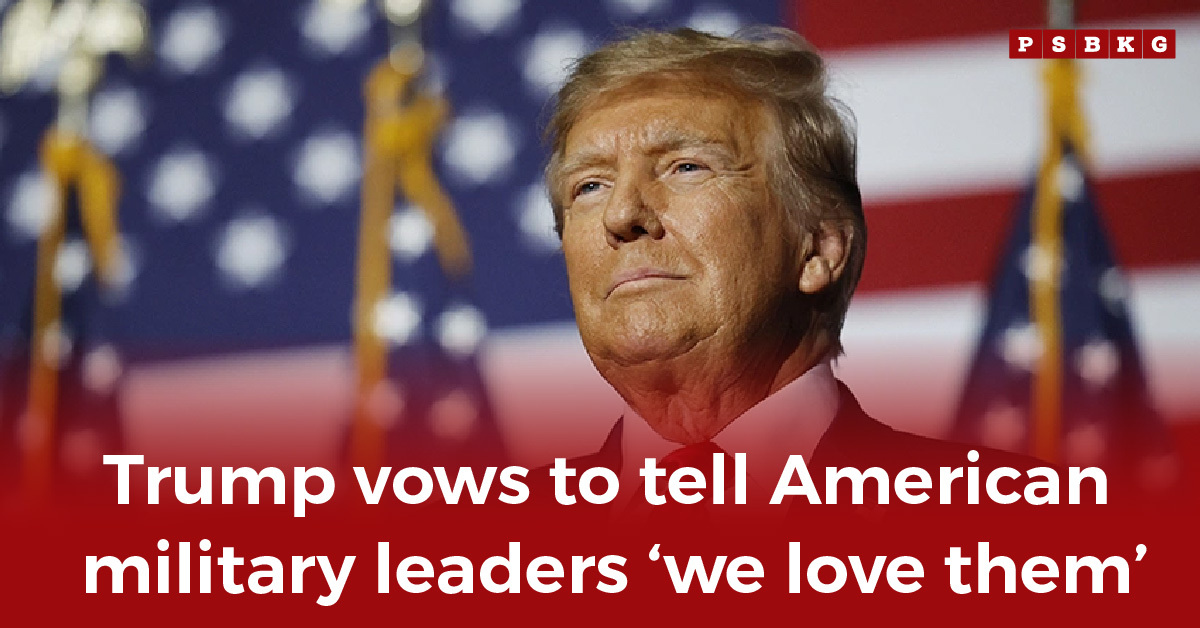Trump speaks passionately at a podium before an American flag backdrop, emphasizing support for Trump military leaders.