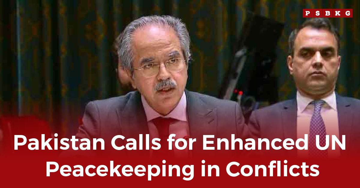 A speaker addresses the United Nations, highlighting UN peacekeeping Pakistan efforts and the country's call for stronger global conflict resolution initiatives.