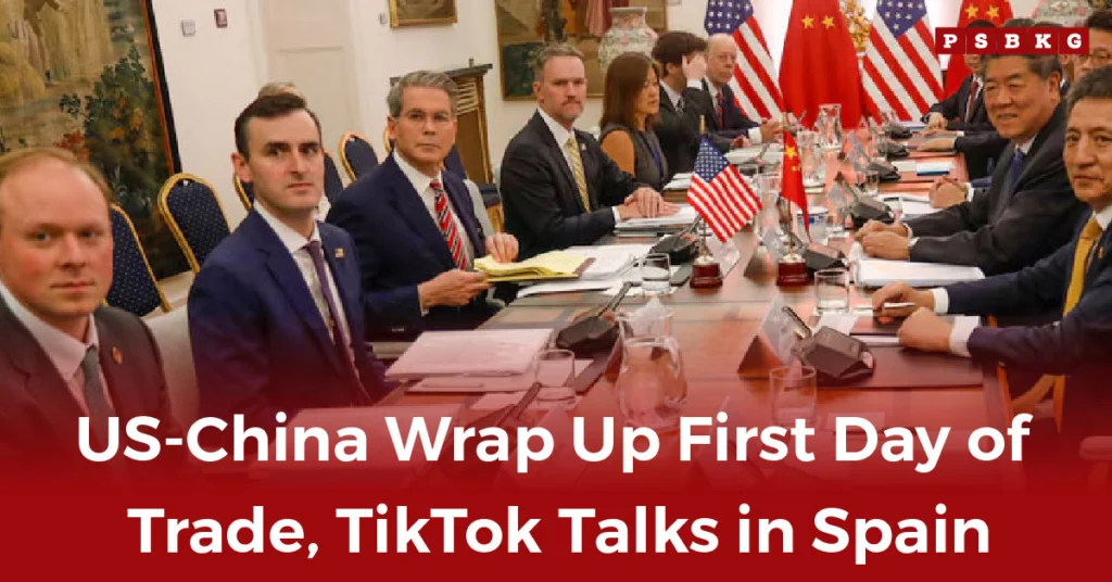 US-China trade talks A diplomatic meeting table with flags of the US and China, surrounded by officials discussing trade and TikTok in a formal setting.