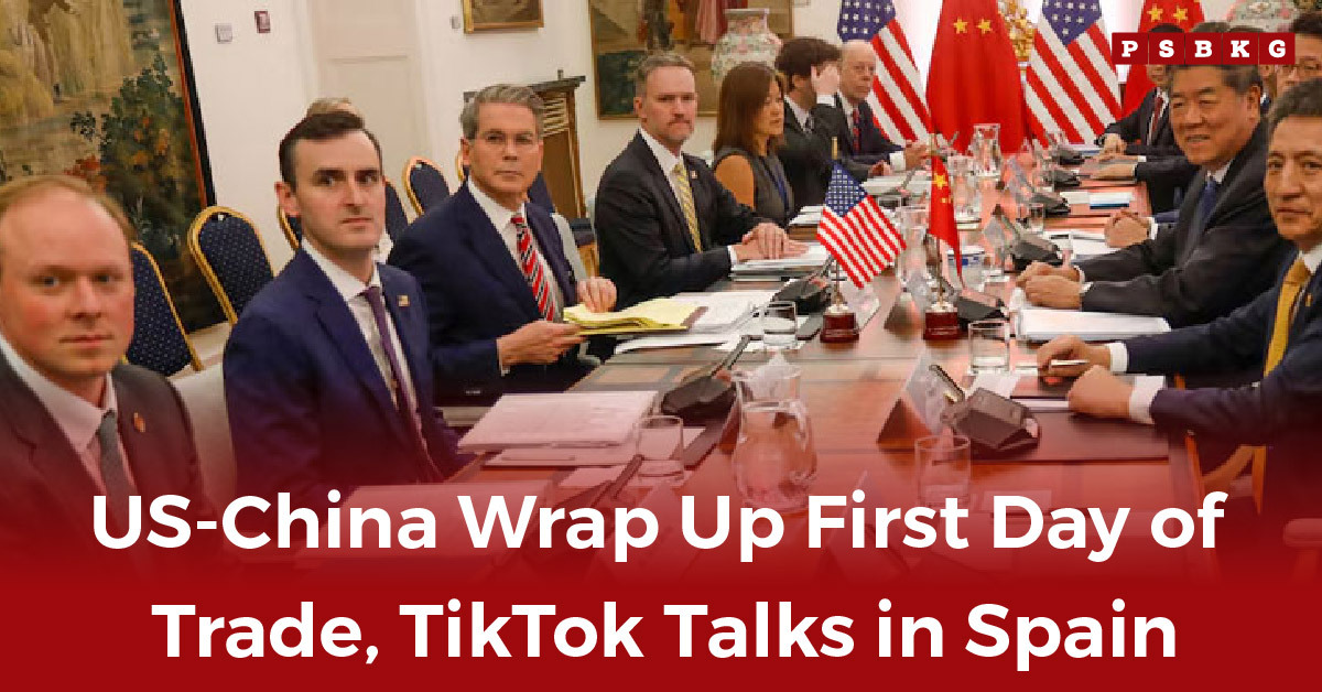 US-China trade talks A diplomatic meeting table with flags of the US and China, surrounded by officials discussing trade and TikTok in a formal setting.