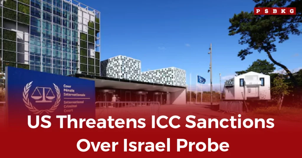 Exterior view of the International Criminal Court building with headline on US ICC sanctions over Israel investigation.