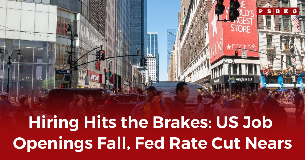 Crowded city street with busy traffic, featuring shops like Verizon and Macy's, with signage highlighting US Job Openings and current economic trends.