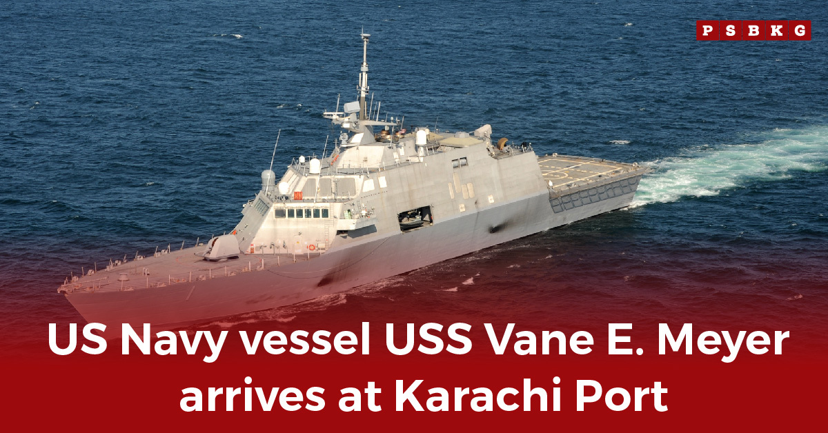 The USS Vane E. Meyer, a modern US Navy vessel, approaches Karachi Port on a clear day, highlighting USS Vane E. Meyer visit.