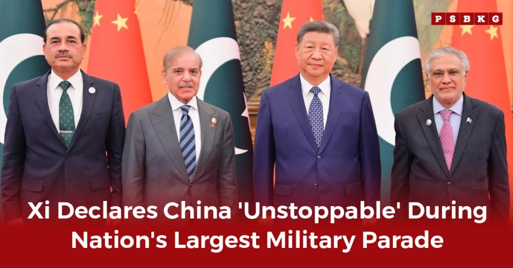 World leaders stand together at the Xi Jinping military parade, with the flags of China and Pakistan visible in the background, symbolizing unity and strategic alliances.