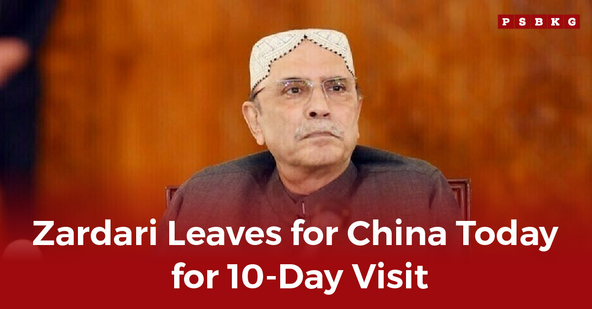 A person wearing a traditional cap sits at a desk, announcing their departure for a 10-day trip, highlighting the Zardari China visit.