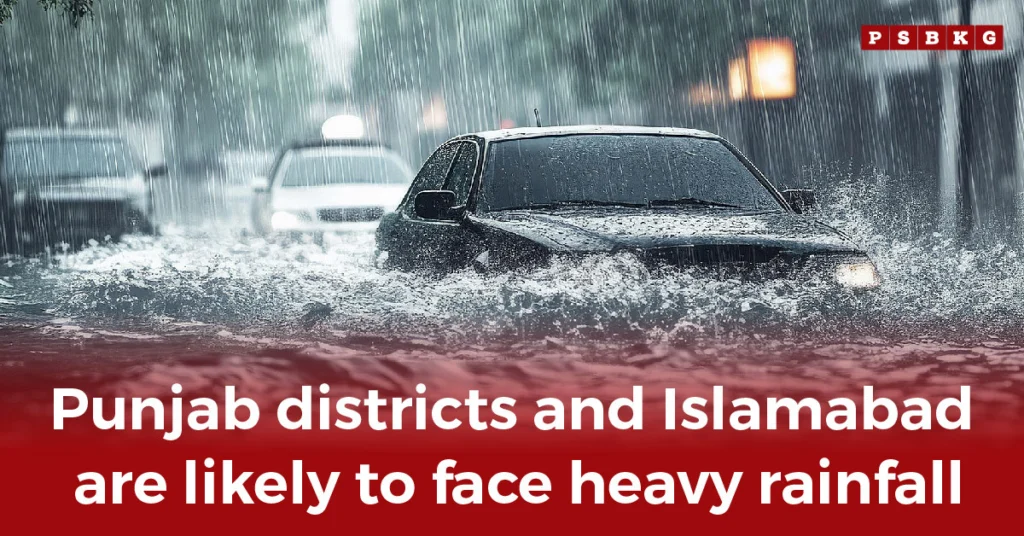 A black car navigates through flooded streets amidst heavy rainfall, with blurred traffic and rain falling in the background.