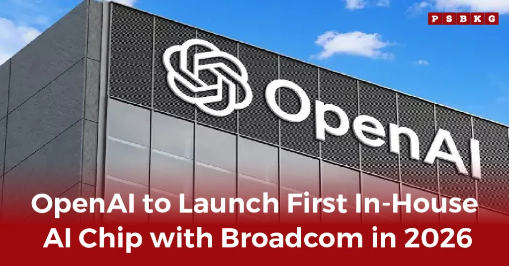 OpenAI headquarters building with company logo, announcing partnership with Broadcom to develop its first in-house AI chip by 2026