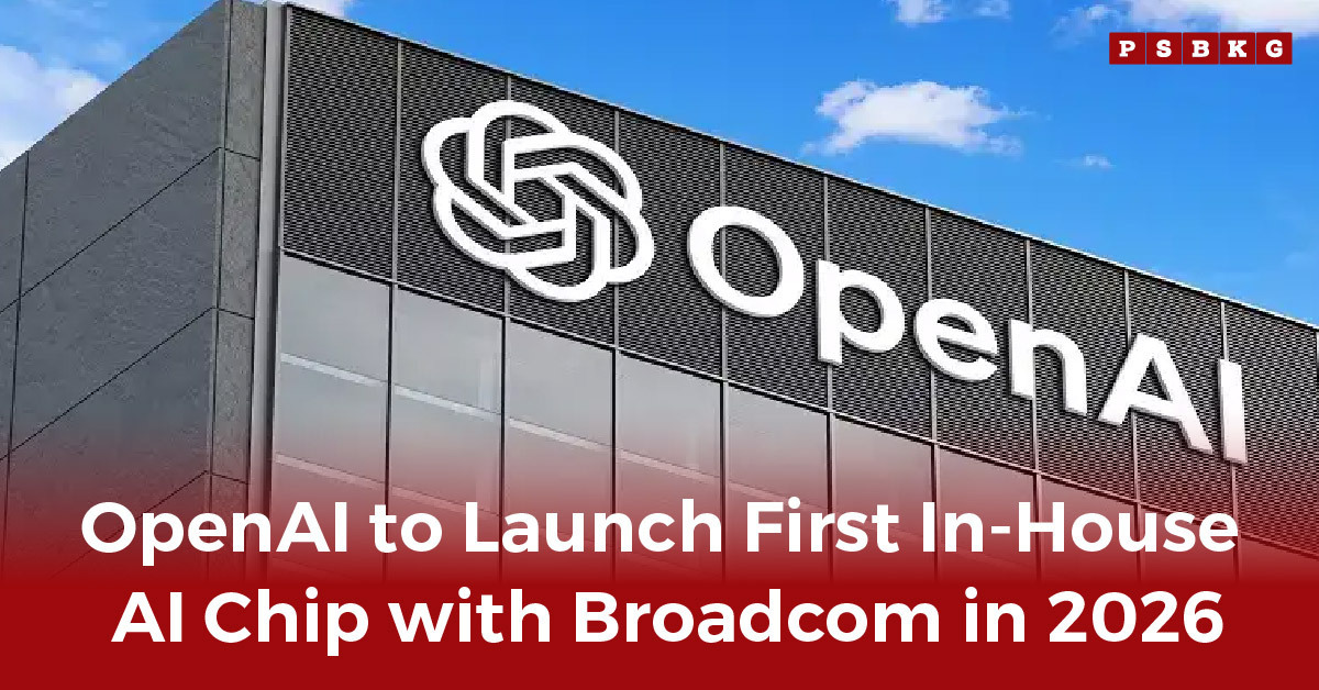 OpenAI headquarters building with company logo, announcing partnership with Broadcom to develop its first in-house AI chip by 2026