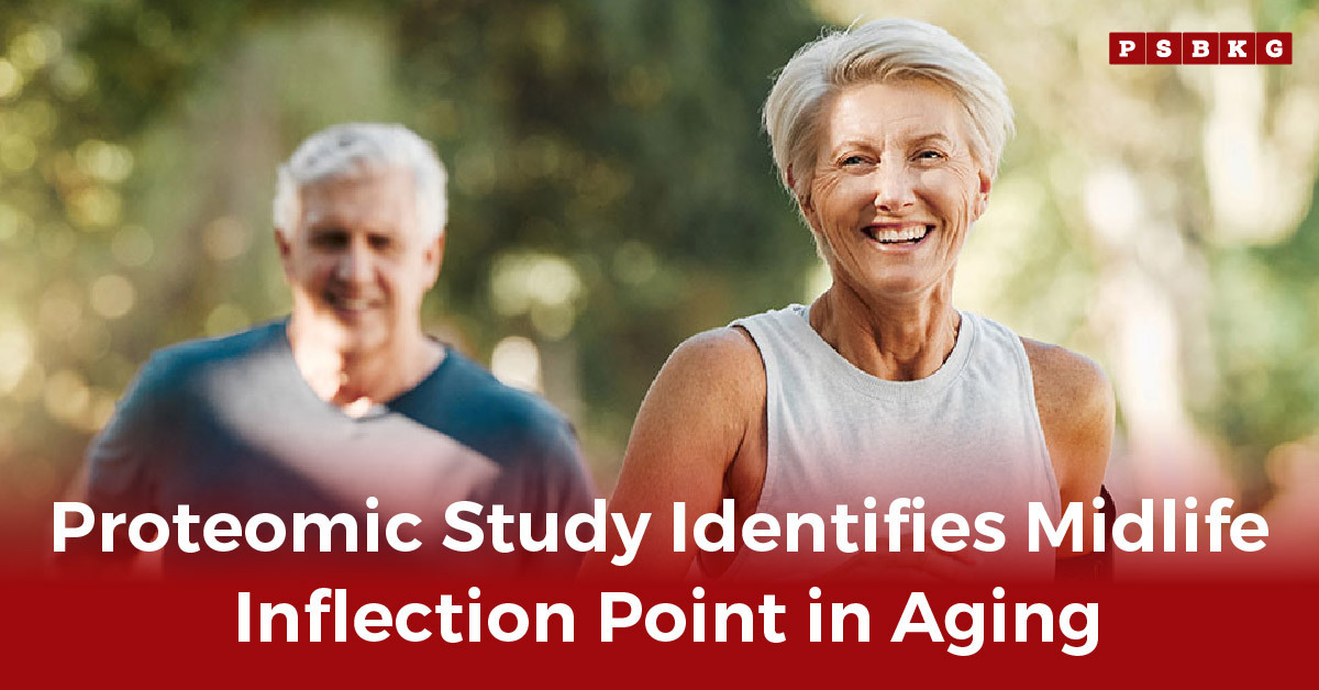 Elderly couple jogging outdoors on a sunny day, illustrating healthy aging and midlife changes where body aging accelerates, with text about a proteomic study.