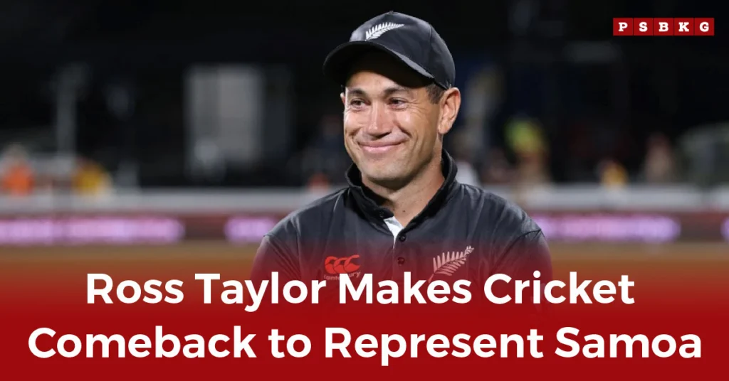 Ross Taylor wears a New Zealand cricket jersey and cap, posing on the field, with a stadium backdrop showcasing fans and lights. Ross Taylor use this in this alt text