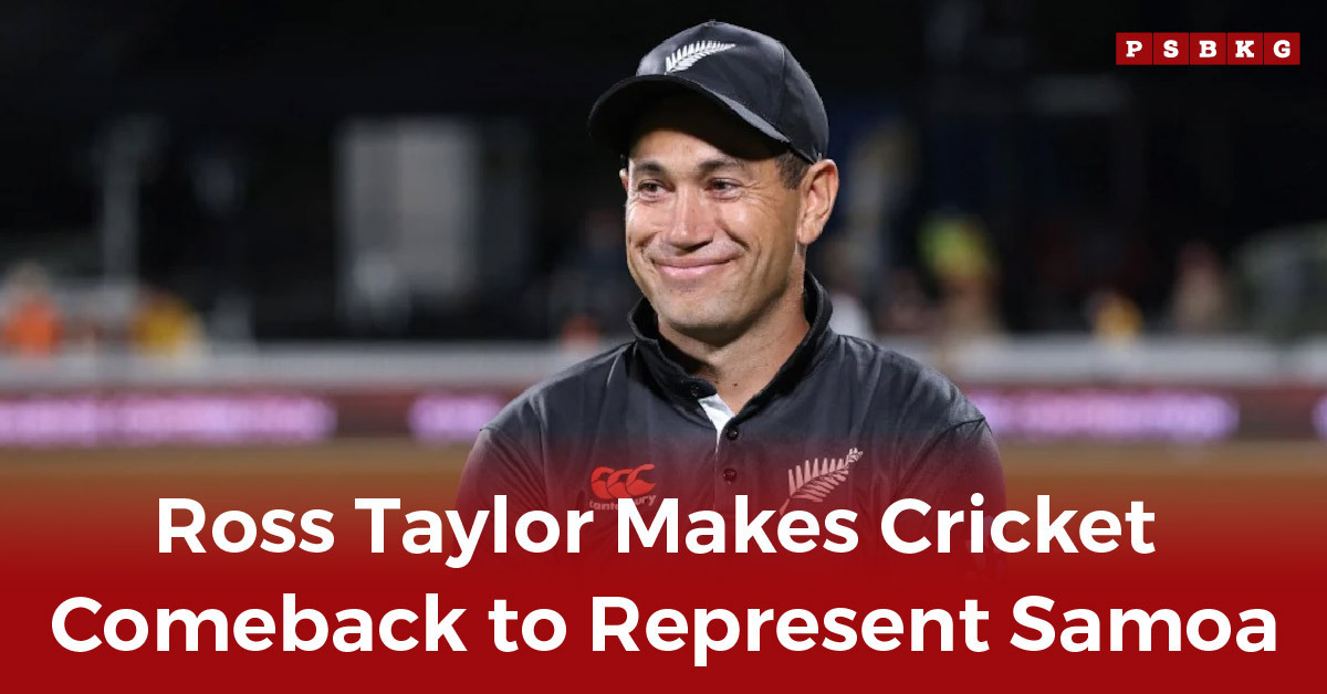 Ross Taylor wears a New Zealand cricket jersey and cap, posing on the field, with a stadium backdrop showcasing fans and lights. Ross Taylor use this in this alt text