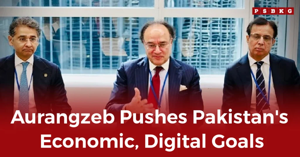 Aurangzeb or two men in suits sit at a table. The man in the center gestures while speaking. Text overlay reads, "Aurangzeb Pushes Pakistan's Economic, Digital Goals."