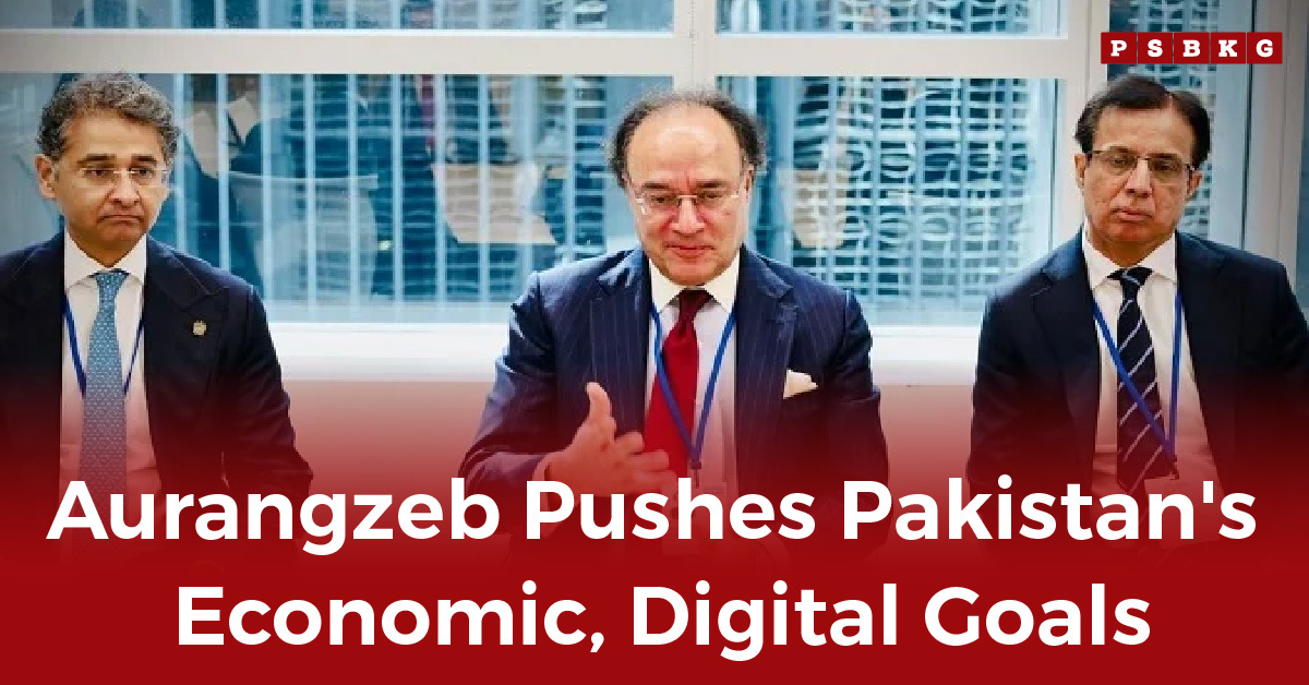 Aurangzeb or two men in suits sit at a table. The man in the center gestures while speaking. Text overlay reads, "Aurangzeb Pushes Pakistan's Economic, Digital Goals."