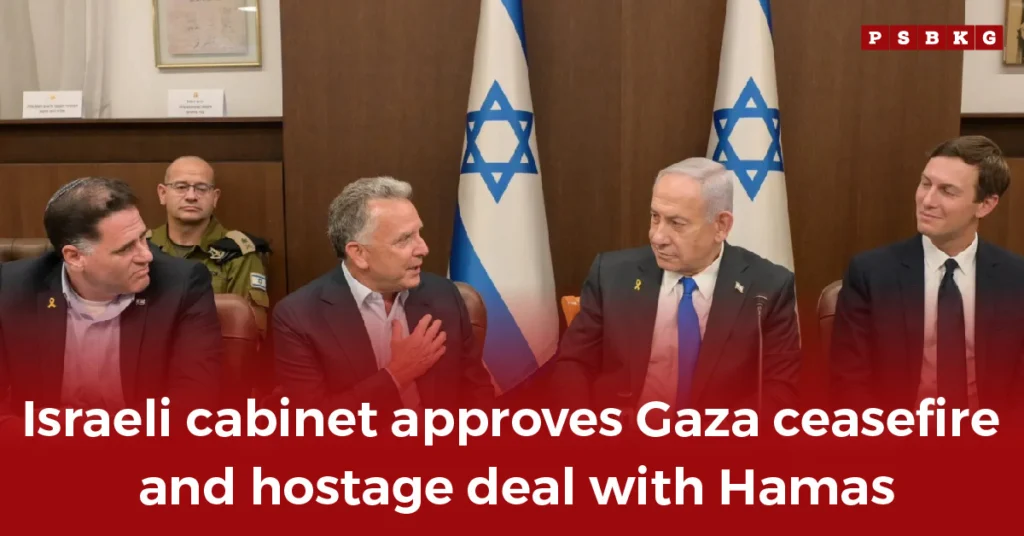 Israeli officials seated in a cabinet meeting discussing and approving a Gaza ceasefire and hostage deal, with an Israeli flag in the background — Gaza Ceasefire Deal Approve.