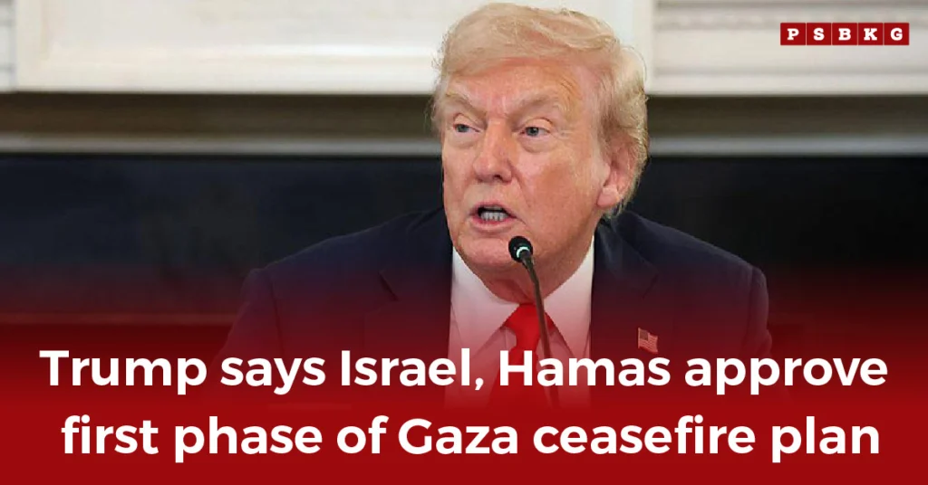 Trump speaks at a podium, announcing Israel and Hamas’s approval of the first phase of a Gaza ceasefire plan, with a formal backdrop and microphones in view.