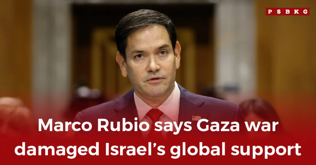U.S. Senator Marco Rubio delivers a statement at a formal event, discussing how the Gaza war has damaged Israel’s standing and global support.
