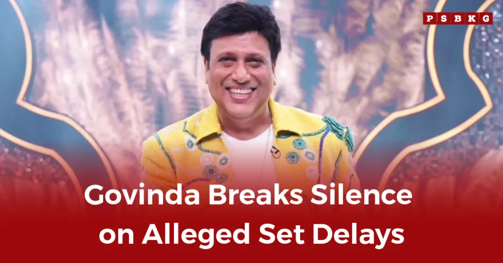 Govinda in a bright yellow jacket smiling against a colorful abstract background, representing his response to alleged film set delays.