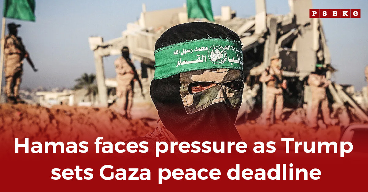A masked Hamas fighter stands before military personnel and damaged buildings, highlighting Hamas Gaza peace deadline tensions. Hamas Gaza peace deadline