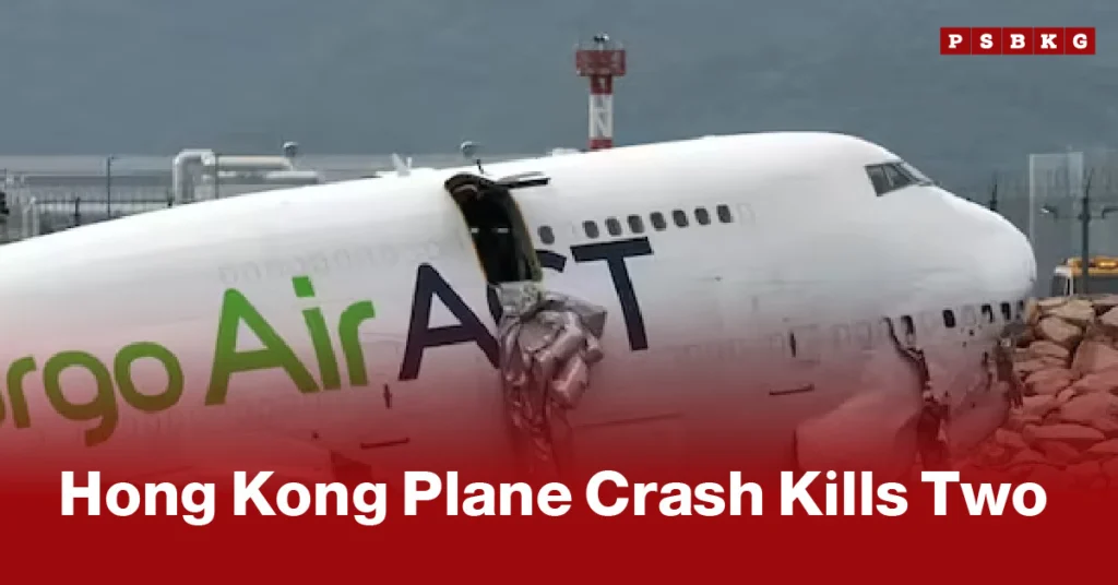 Damaged cargo plane on a rocky surface with a tear in its fuselage. Headline reads "Hong Kong Plane Crash Kills Two" in bold white text on a red background, depicting the aftermath of the Hong Kong plane crash.