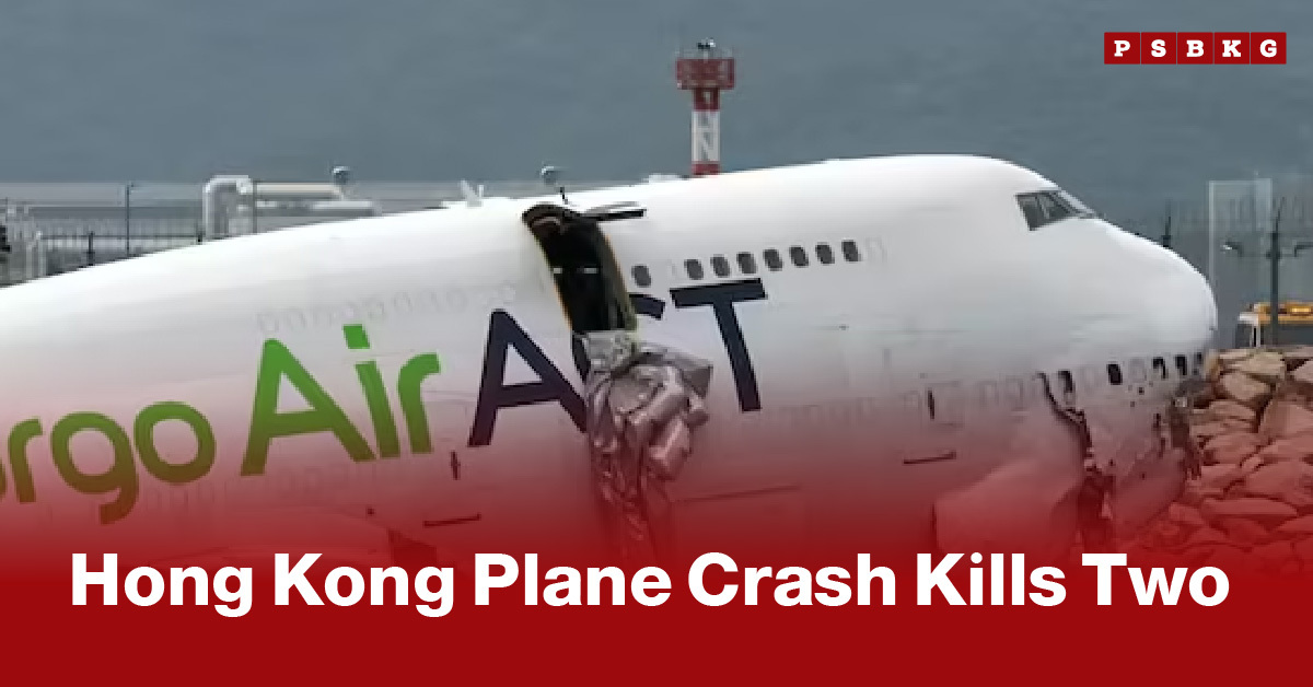 Damaged cargo plane on a rocky surface with a tear in its fuselage. Headline reads "Hong Kong Plane Crash Kills Two" in bold white text on a red background, depicting the aftermath of the Hong Kong plane crash.