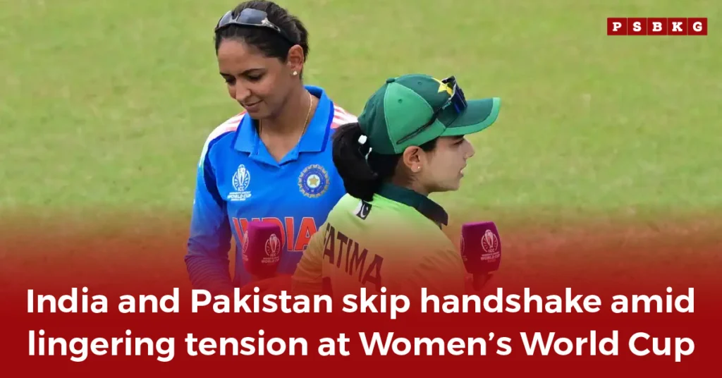 Two cricket players from India and Pakistan in national uniforms converse on the field during a high-tension India Pakistan match at the Women’s World Cup.