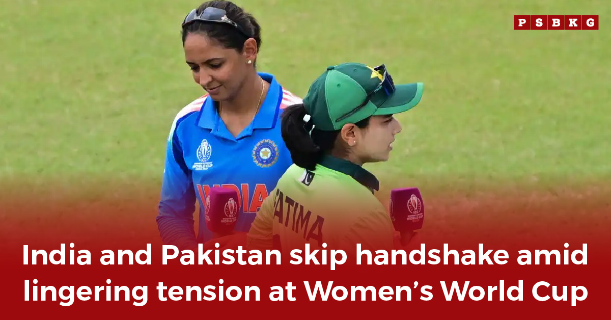 Two cricket players from India and Pakistan in national uniforms converse on the field during a high-tension India Pakistan match at the Women’s World Cup.