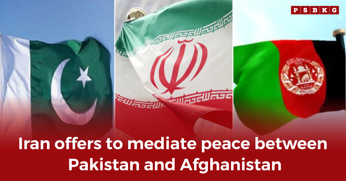 Flags of Pakistan, Iran, and Afghanistan displayed side by side, symbolizing Iran’s mediation efforts in peace talks between Pakistan and Afghanistan, with text reading: "Iran offers to mediate peace between Pakistan and Afghanistan.