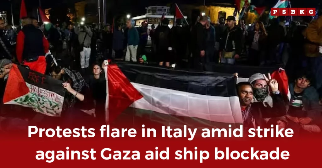 Protesters in Italy hold Palestinian flags and banners, demonstrating against blockade of Gaza aid ships, highlighting Italy Gaza aid protest.