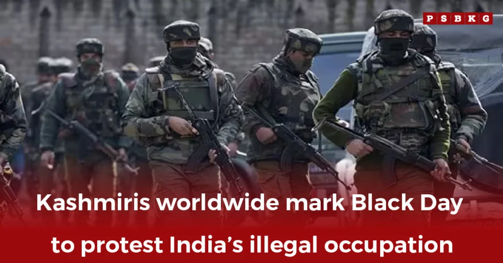 Soldiers in military uniforms march with rifles during a demonstration, symbolizing Kashmir’s continued resistance and observance of Black Day 2025 against Indian occupation.