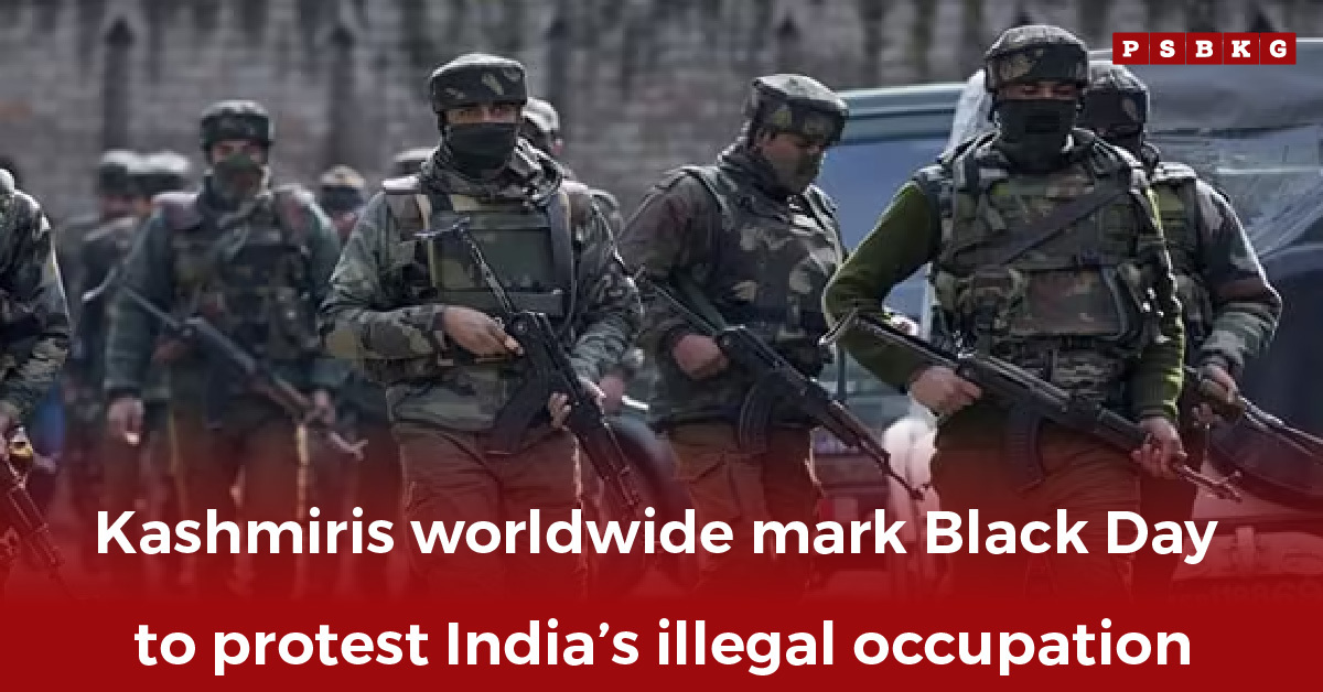 Soldiers in military uniforms march with rifles during a demonstration, symbolizing Kashmir’s continued resistance and observance of Black Day 2025 against Indian occupation.