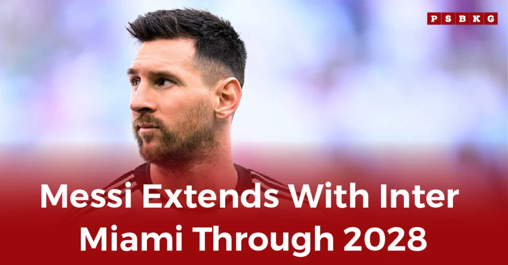 A bearded soccer player looks determined with text below reading, "Extends With Inter Miami Through 2028," on a red background, symbolizing the Messi Inter Miami contract and its significance for Major League Soccer.*