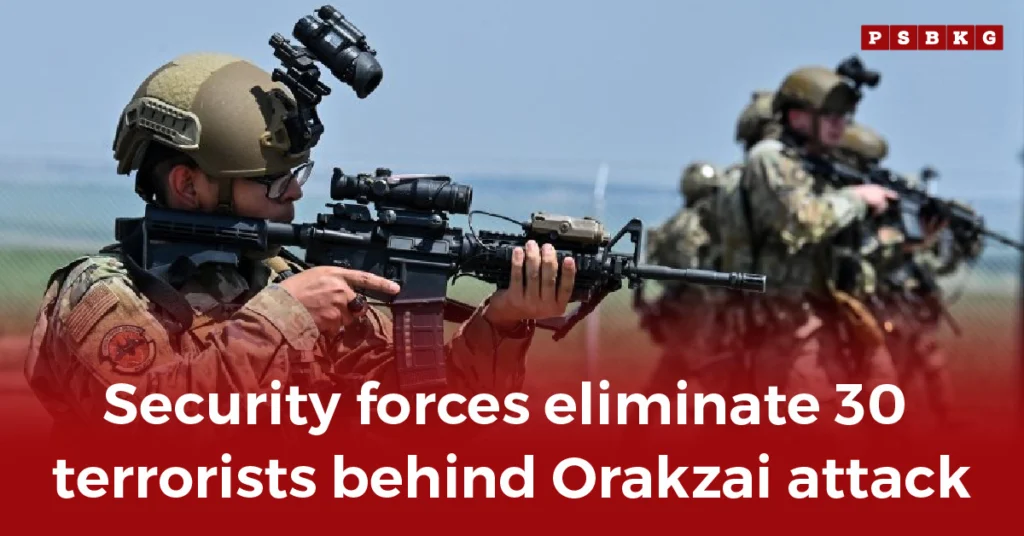 Security personnel in tactical gear holding rifles, preparing for action after eliminating terrorists linked to the Orakzai attack.