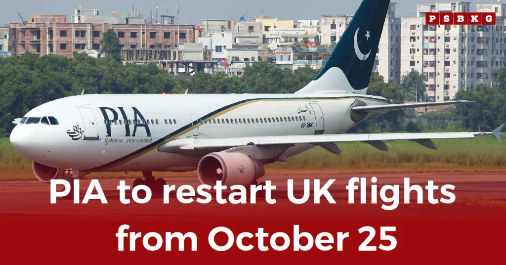 A Pakistan International Airlines aircraft on the runway, representing the airline’s announcement to restart UK flight operations from October 25. PIA UK flights.