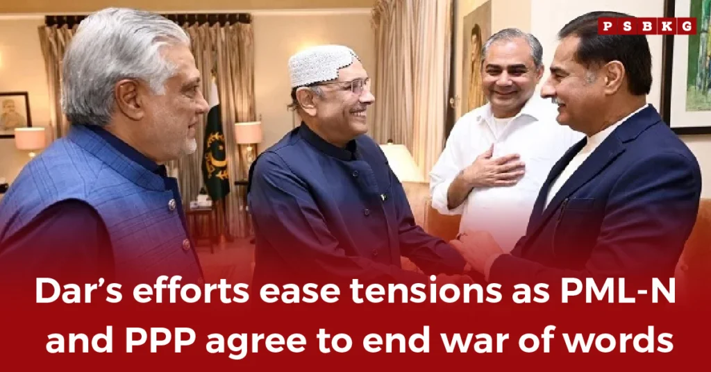 Four men engage in a handshake and conversation in an office setting, symbolizing a renewed truce and alliance between Pakistan’s major political parties, PML-N and PPP.