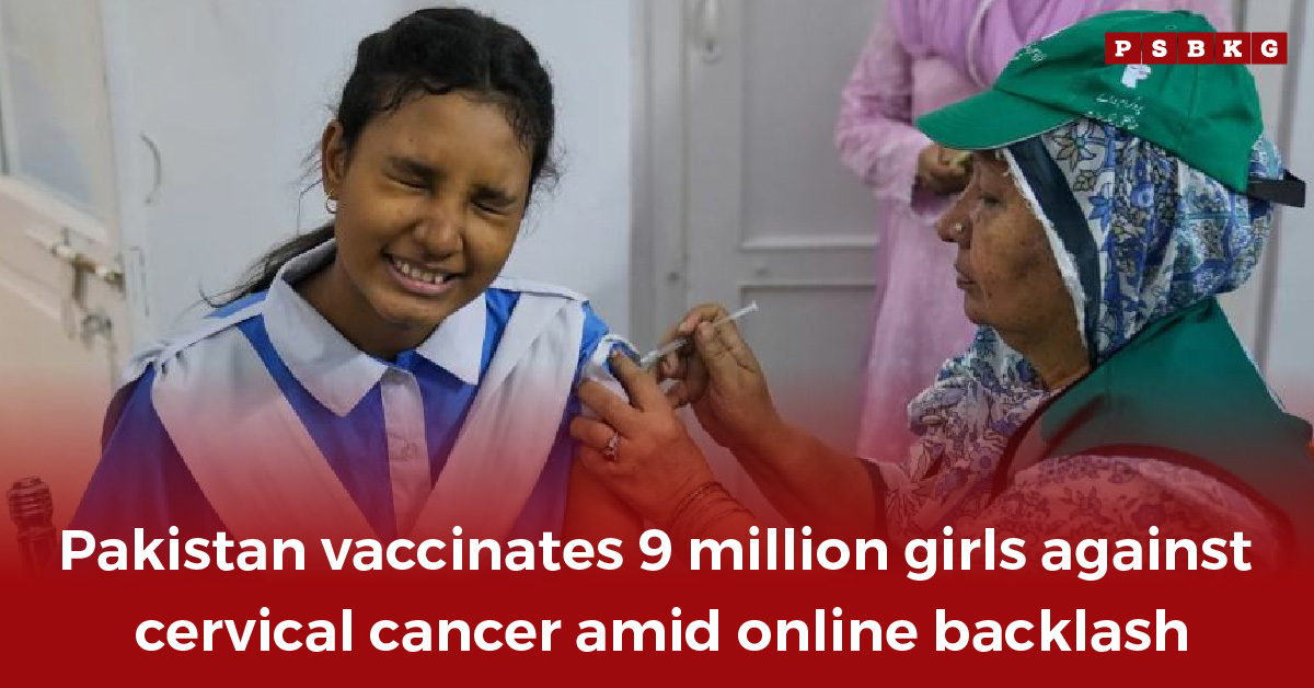 A young girl in school uniform receives an HPV vaccine from a healthcare worker in Pakistan, highlighting the nationwide drive to vaccinate 9 million girls against cervical cancer despite online backlash.