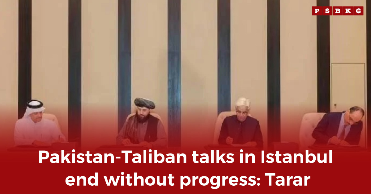 A group of officials seated at a table during discussions on Pakistan Taliban talks in Istanbul, with a neutral background and a headline indicating failed negotiations between the two sides.