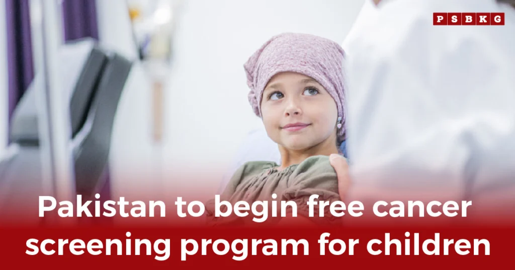 A child in a hospital wearing a headscarf receives care, highlighting new free cancer screening initiative under Pakistan screening program.