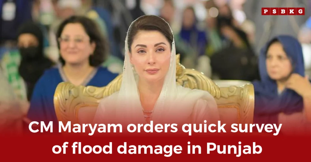 A group of officials attentively listens as CM Maryam Nawaz announces a rapid survey to assess flood damage across Punjab, focusing on the engaged audience.