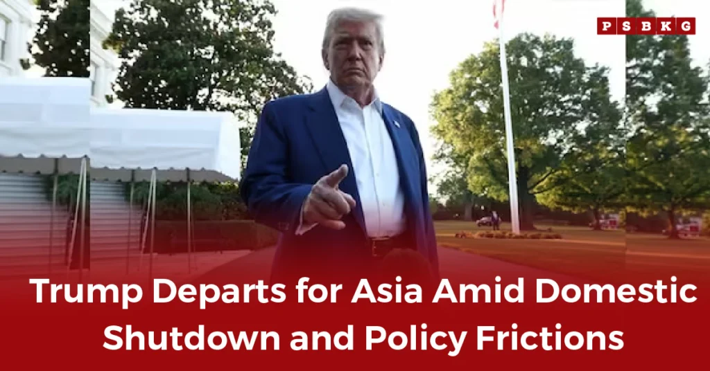 A person points forward outside a grand building surrounded by trees under a bright sky, symbolizing authority and urgency, representing the Trump Asia trip impact.