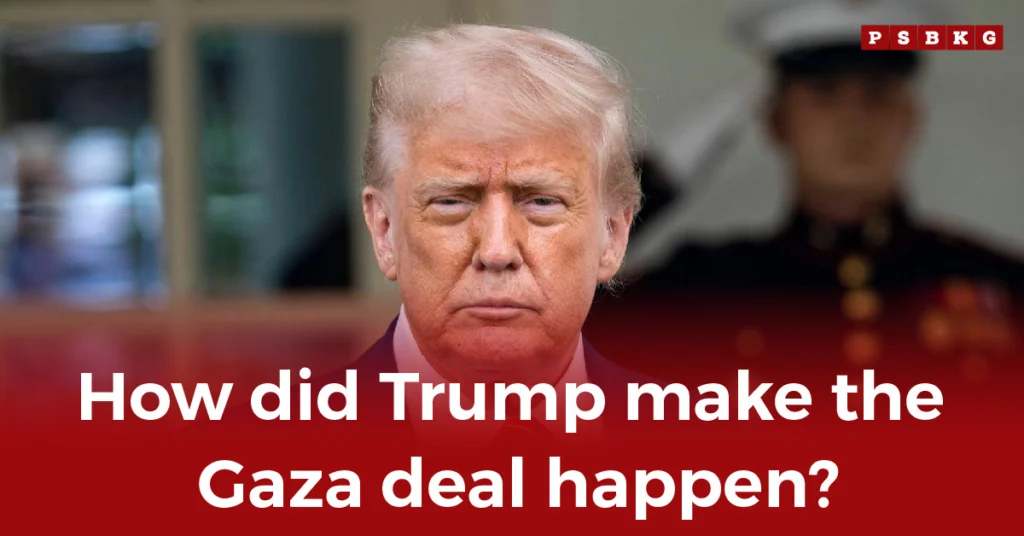 Image of a man in focus with a serious expression, wearing a suit. In the background, a uniformed figure stands blurred. Text reads, Trump Gaza deal.