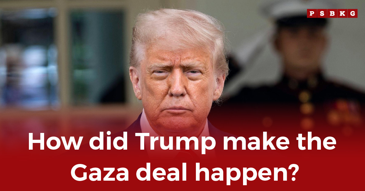 Image of a man in focus with a serious expression, wearing a suit. In the background, a uniformed figure stands blurred. Text reads, Trump Gaza deal.