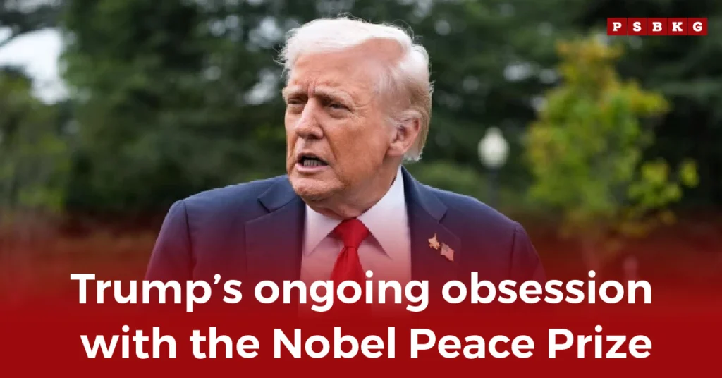 A man in a suit stands outdoors amid greenery, with text highlighting Trump’s renewed interest in the Nobel Peace Prize.