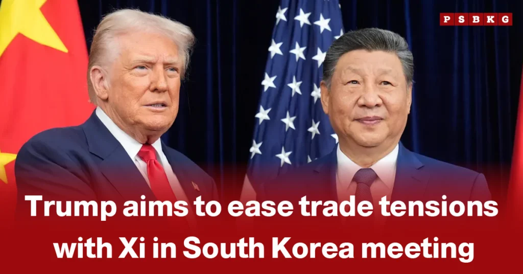 Trump and Xi Jinping standing together, surrounded by the flags of the USA and China, engaged in discussions on trade relations during a South Korea meeting.