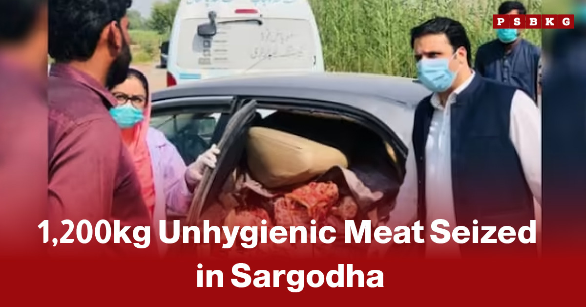 People wearing masks examine a car trunk filled with meat. The text reads, "1,200kg Unhygienic Meat Seized in Sargodha." The scene appears tense.