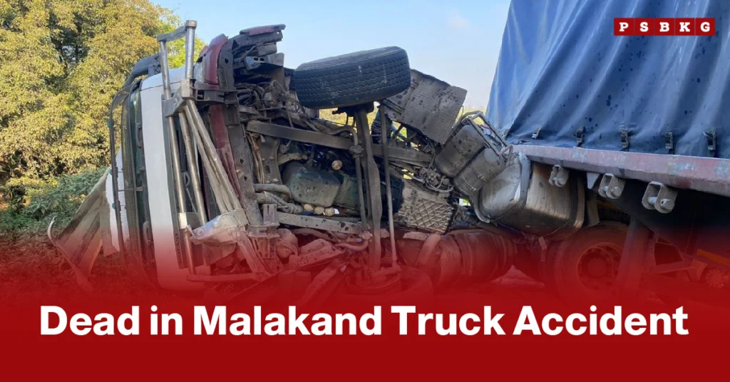 Overturned truck on a roadside surrounded by greenery, with visible undercarriage. Text overlay reads "Dead in Malakand Truck Accident" on a red banner. Motorway truck accident Malakand.