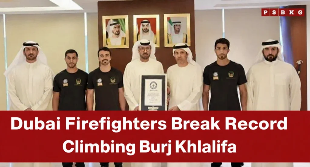 A group of seven men, some in traditional white robes and others in black athletic gear, hold a certificate. They stand under photos of UAE leaders. Dubai Firefighters Break Record Climbing Burj Khalifa.