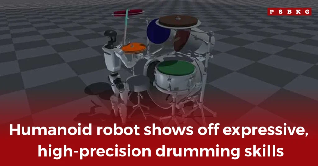 A humanoid robot performing on a colorful drum set, showcasing precision and expressive drumming abilities.