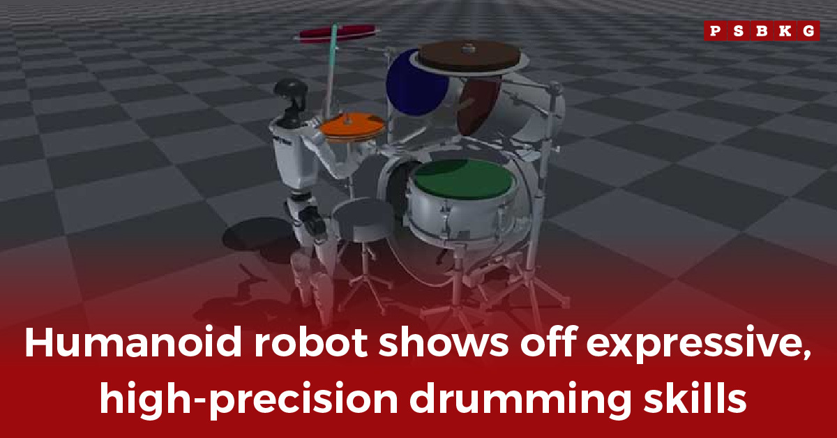 A humanoid robot performing on a colorful drum set, showcasing precision and expressive drumming abilities.